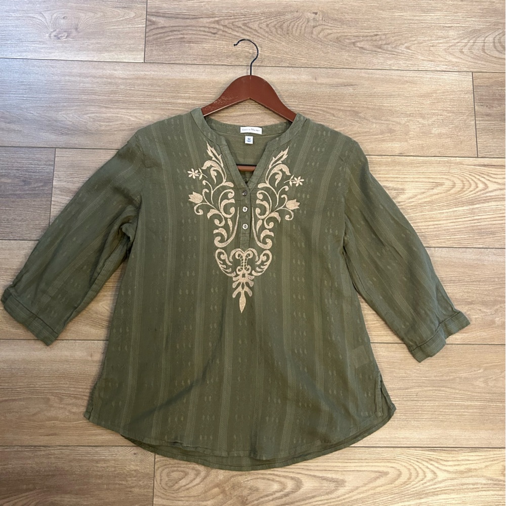 Rebecca Malone Olive Embroidered Boho Blouse Medium 3/4 Sleeve Cotton